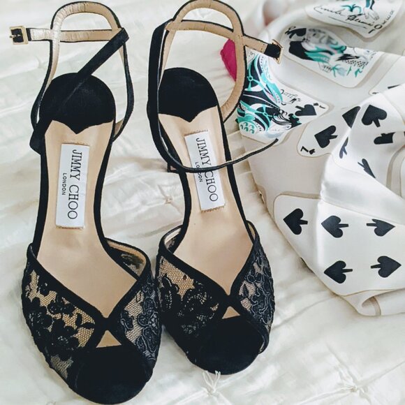 NWT, Jimmy Choo Sacora 85 Black Suede and Lace Peep Toe Ankle Strap Sandals - Picture 3 of 13